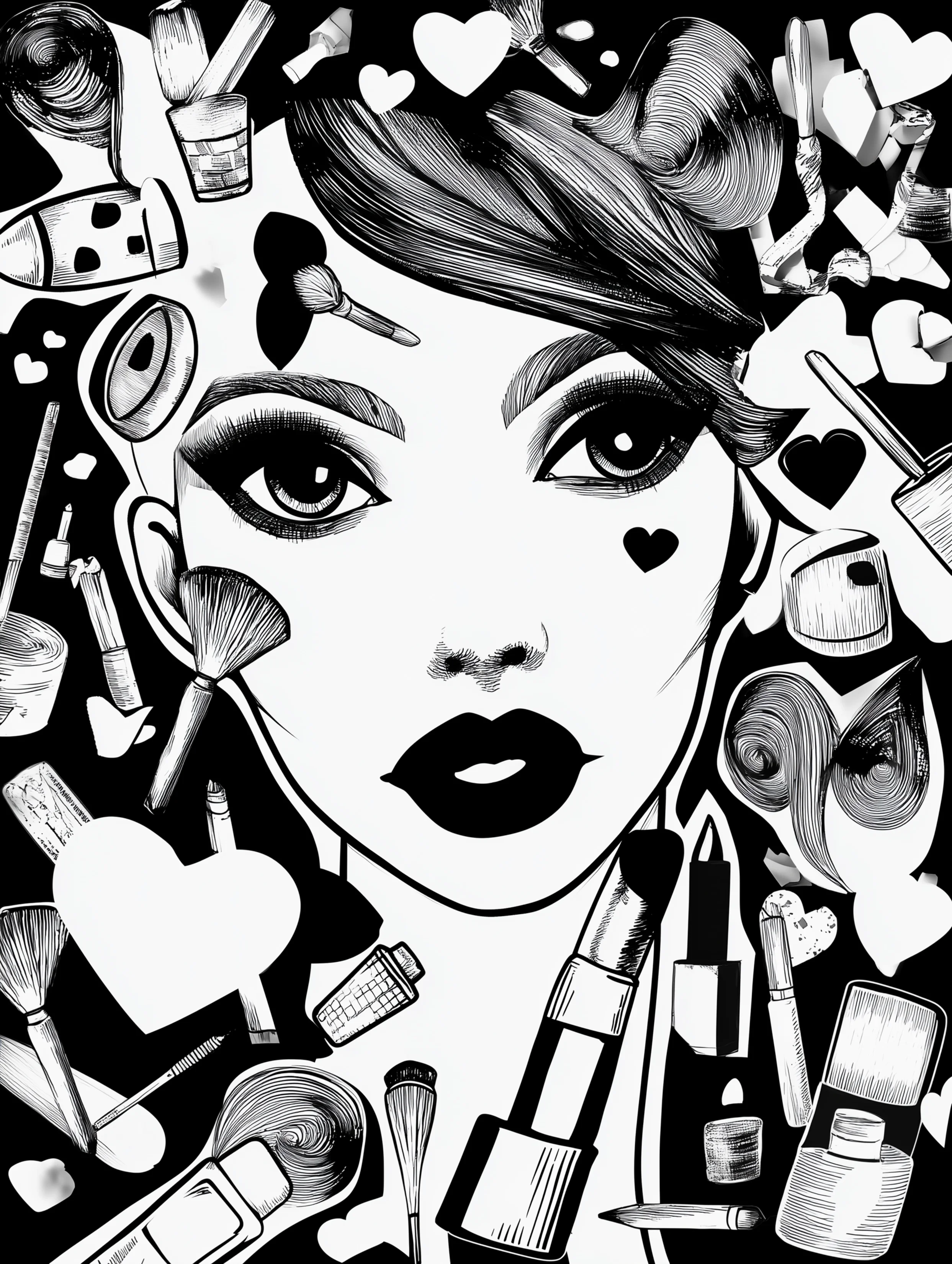 Free printable makeup coloring page for adults featuring a woman with makeup on a black background